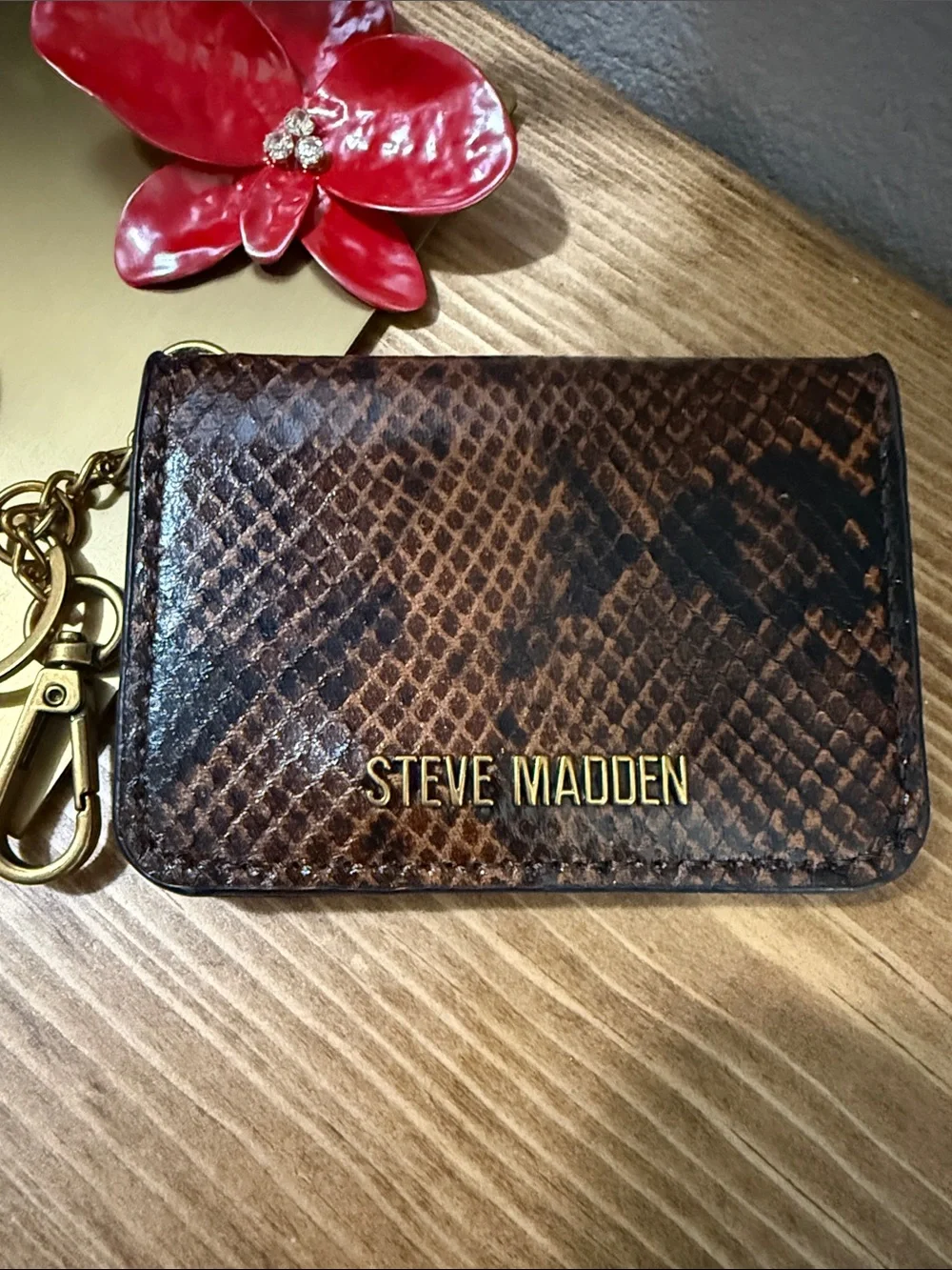Steve Madden Brown Snake-Print Card Holder with Gold Keychain